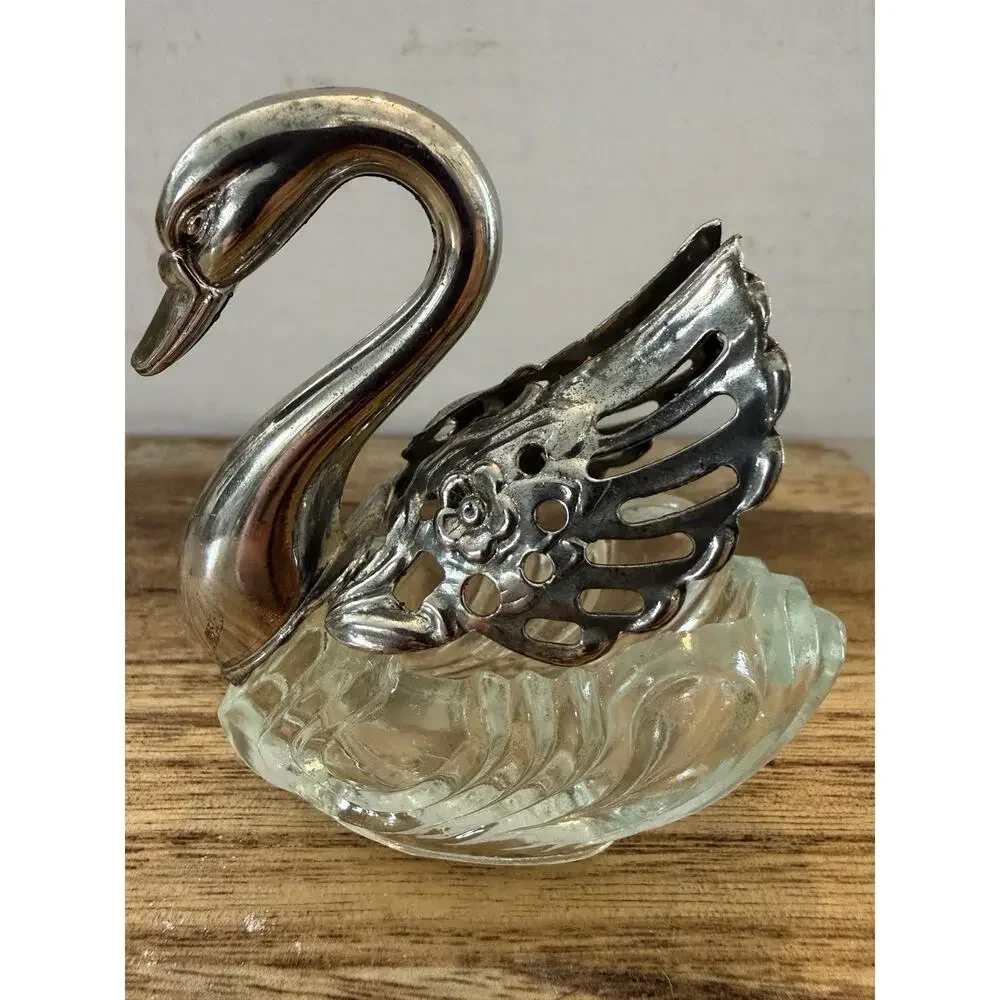 Mid Century Era Swan Figural Salt Cellar Pressed Glass Base Movable Wings 3”